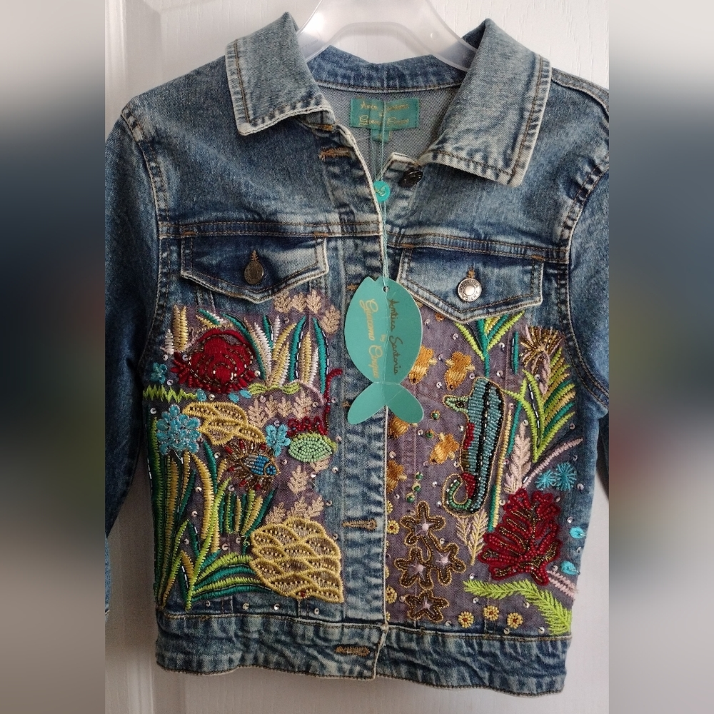 Antica Sartoria by Giacomo Cinque Embroidered Seascape Girls Jean Jacket Size 4